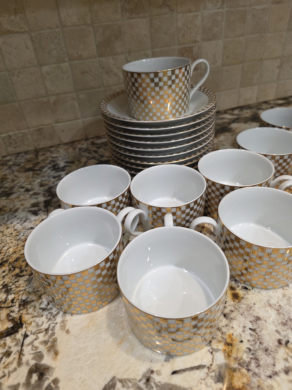 Mikasa White Porcelain Teacups with Gold Check Pattern
